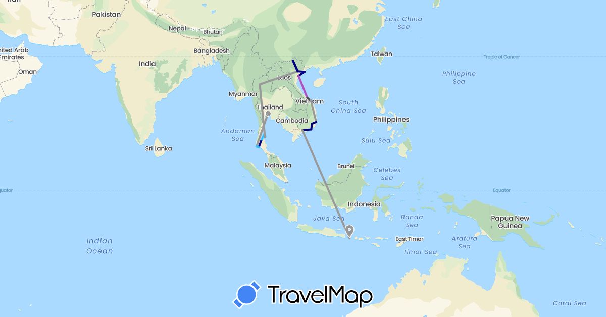 TravelMap itinerary: driving, plane, train, boat, motorbike in Indonesia, Thailand, Vietnam (Asia)